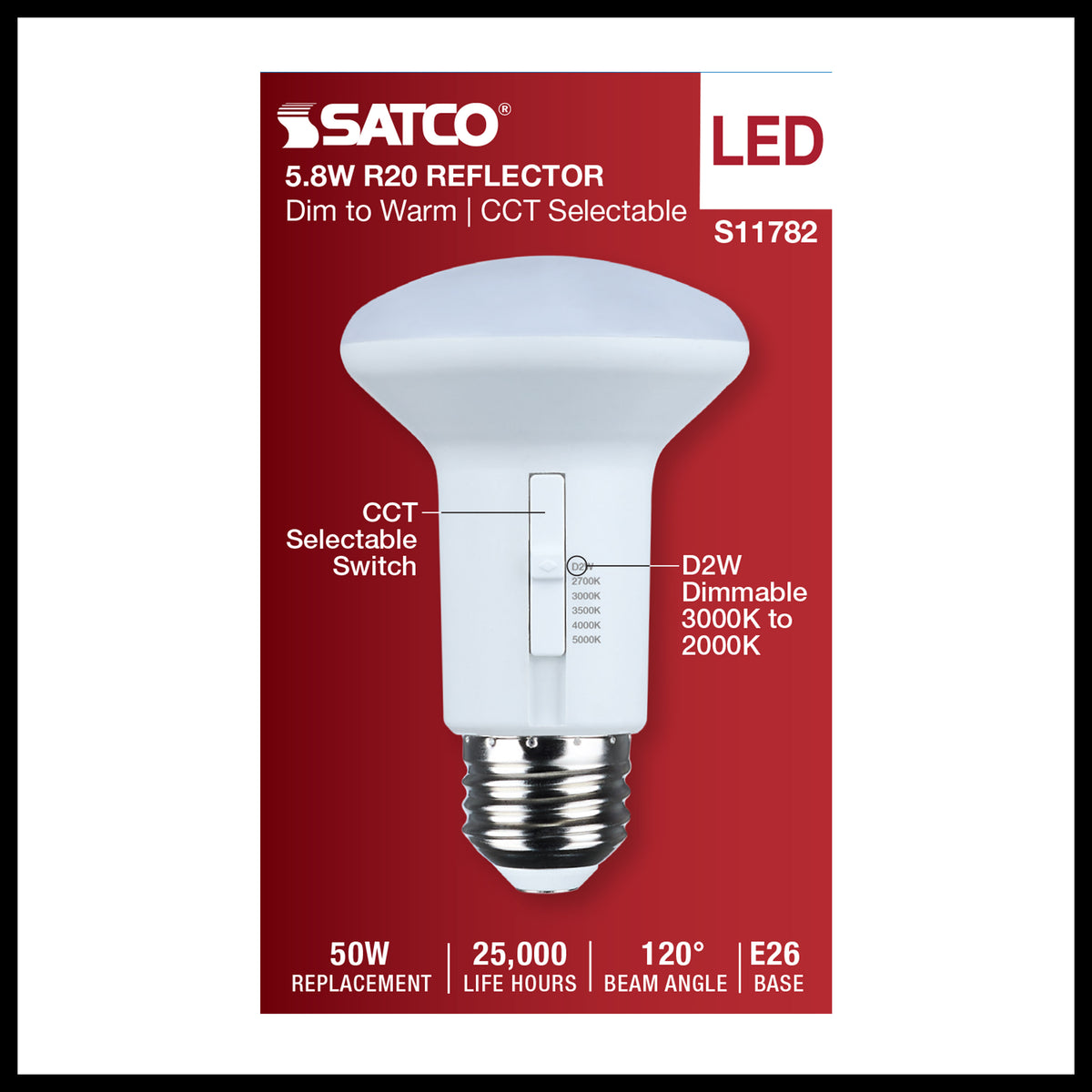 5.8 Watt R20 LED - 27K/30K/35K/40K/50K CCT Selectable - Dim to Warm - White Finish - 120 Volt