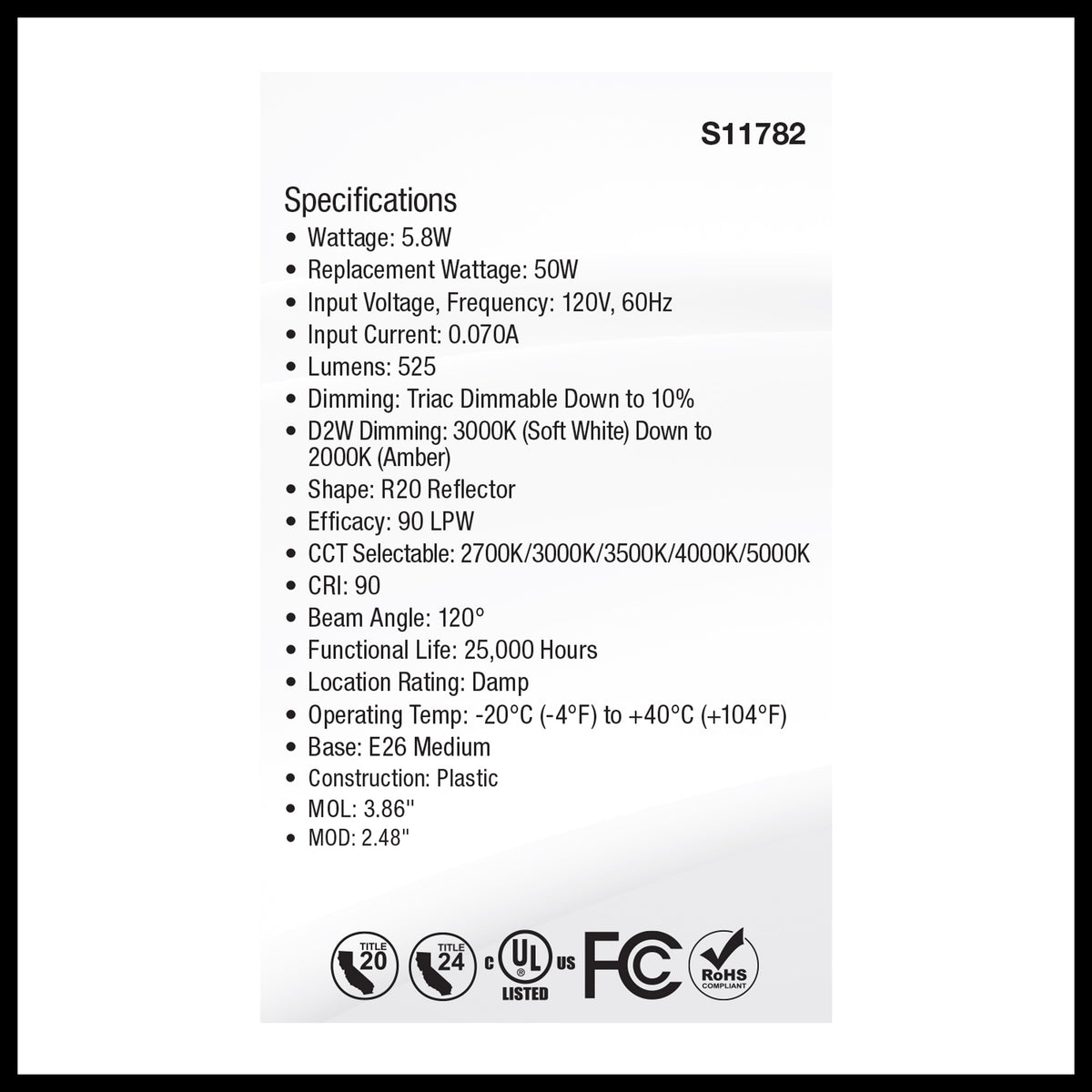5.8 Watt R20 LED - 27K/30K/35K/40K/50K CCT Selectable - Dim to Warm - White Finish - 120 Volt