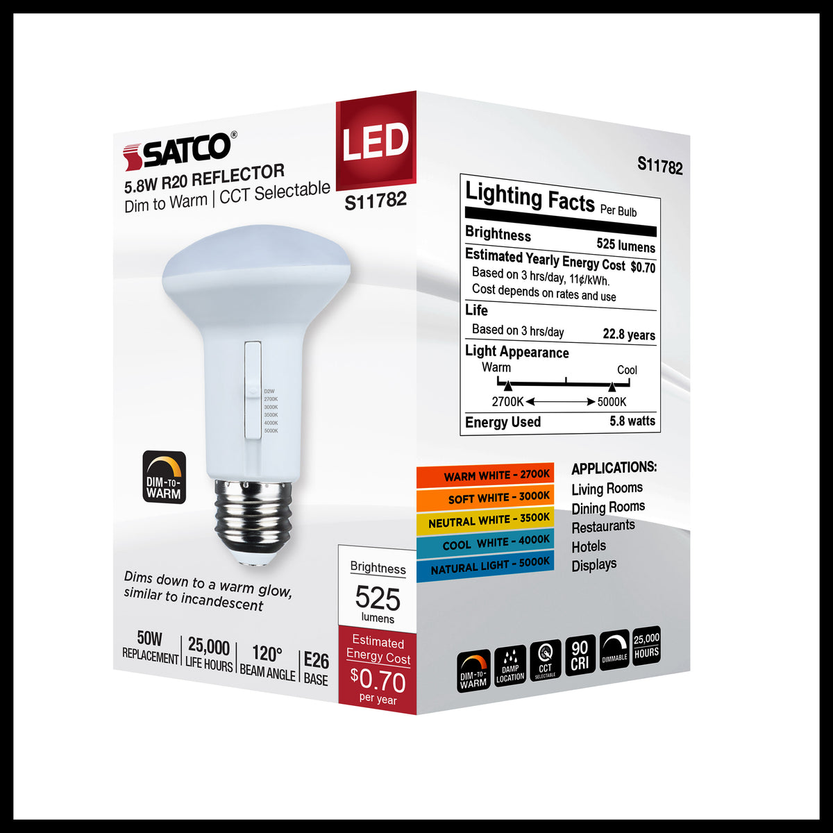 5.8 Watt R20 LED - 27K/30K/35K/40K/50K CCT Selectable - Dim to Warm - White Finish - 120 Volt