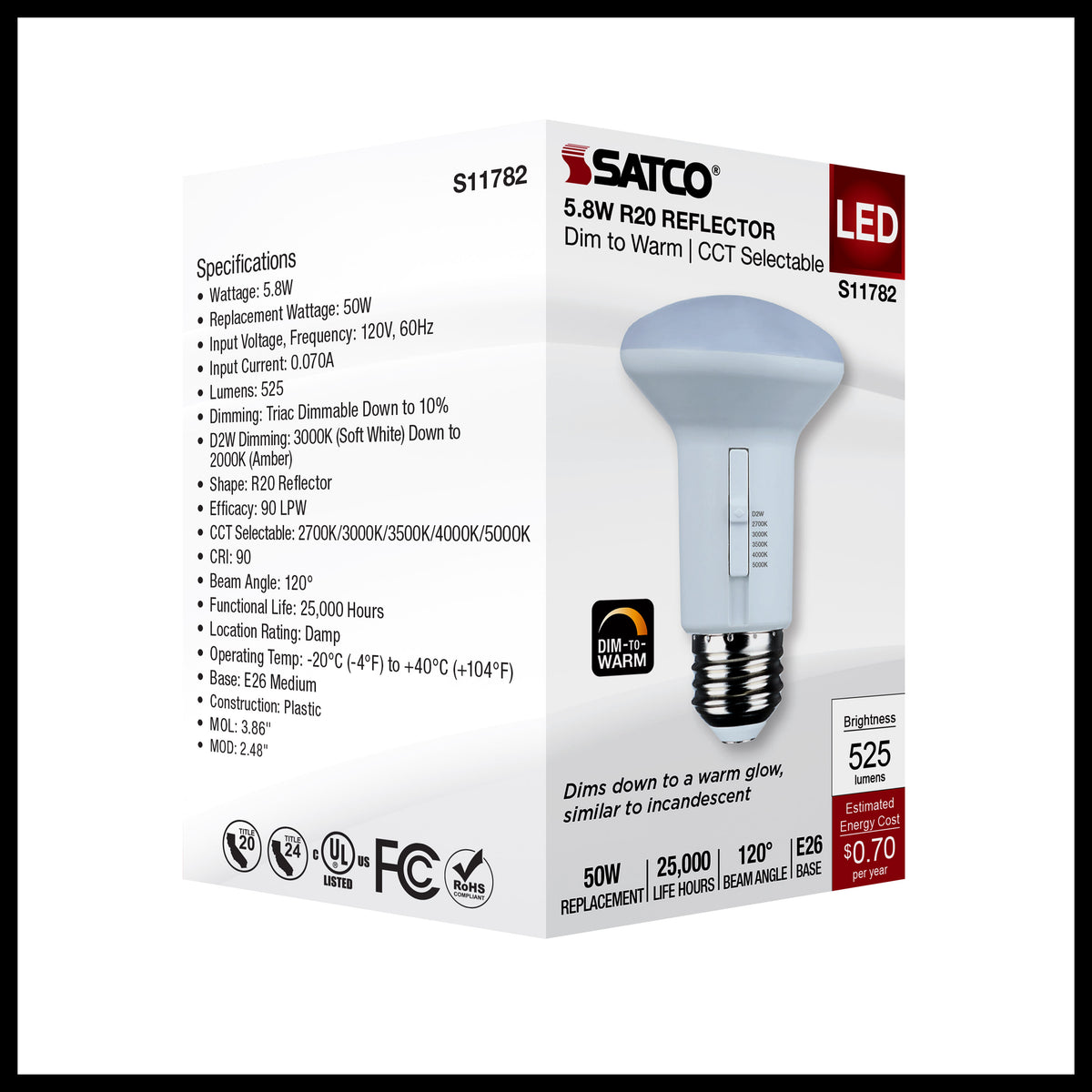 5.8 Watt R20 LED - 27K/30K/35K/40K/50K CCT Selectable - Dim to Warm - White Finish - 120 Volt