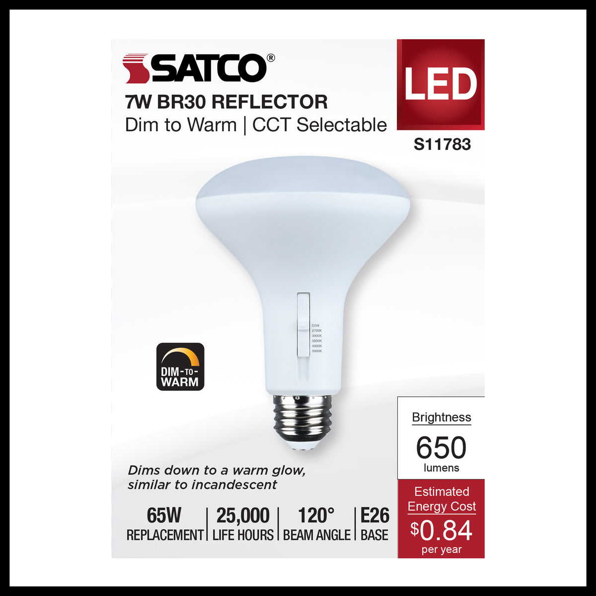 7 Watt BR30 LED - 27K/30K/35K/40K/50K CCT Selectable - Dim to Warm - White Finish - 120 Volt