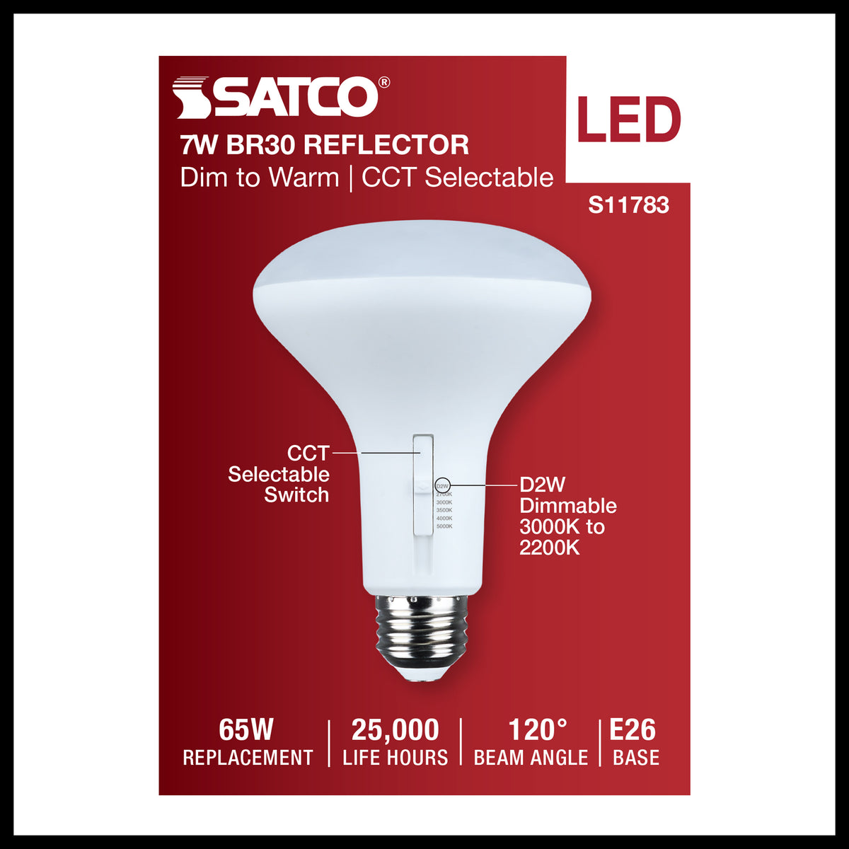 7 Watt BR30 LED - 27K/30K/35K/40K/50K CCT Selectable - Dim to Warm - White Finish - 120 Volt