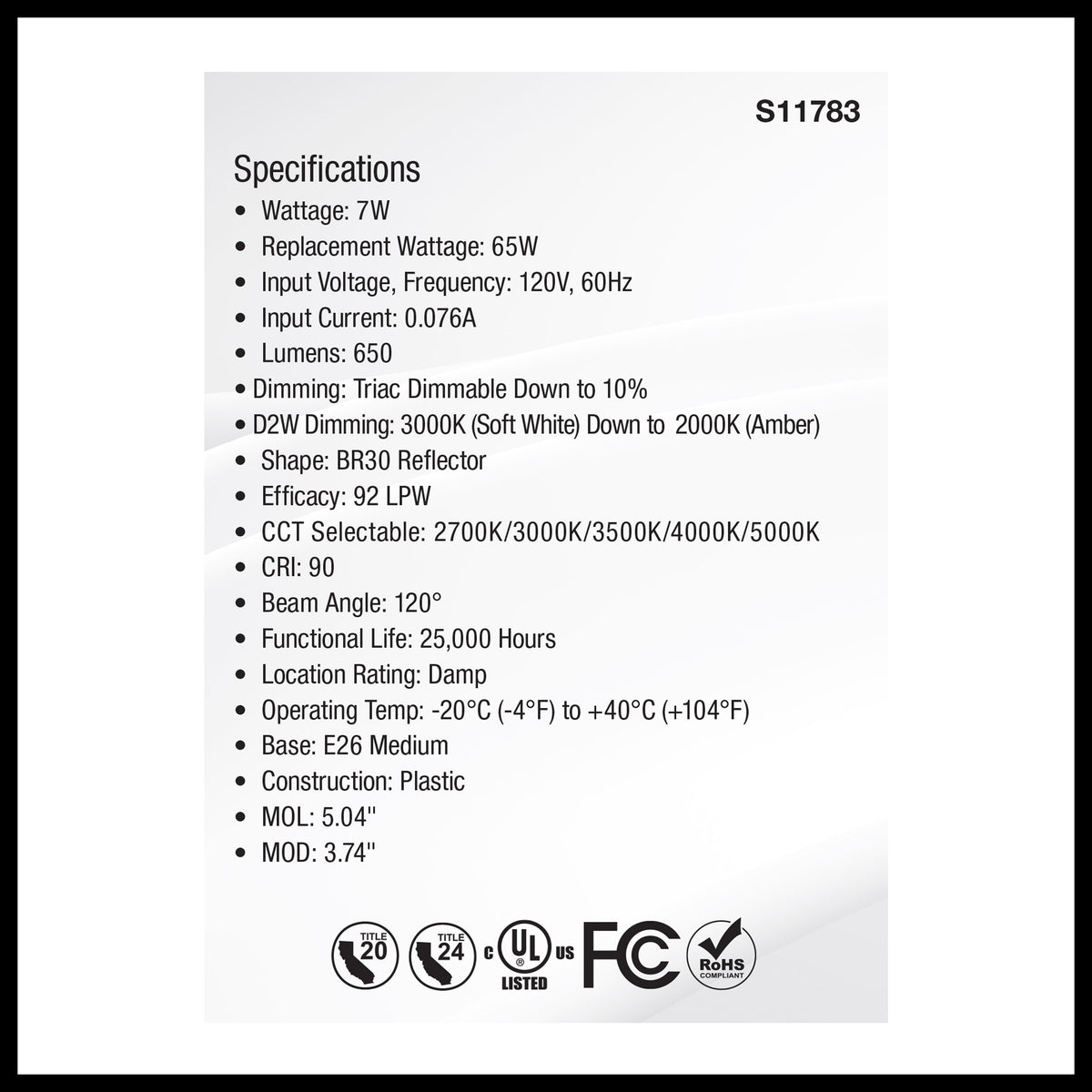 7 Watt BR30 LED - 27K/30K/35K/40K/50K CCT Selectable - Dim to Warm - White Finish - 120 Volt