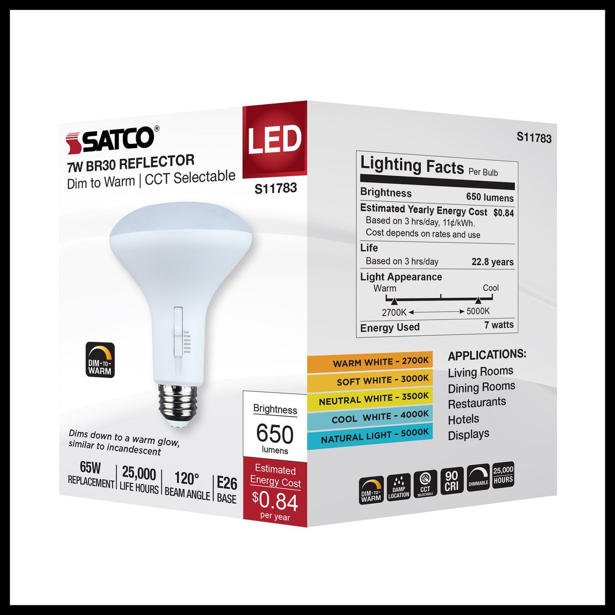 7 Watt BR30 LED - 27K/30K/35K/40K/50K CCT Selectable - Dim to Warm - White Finish - 120 Volt