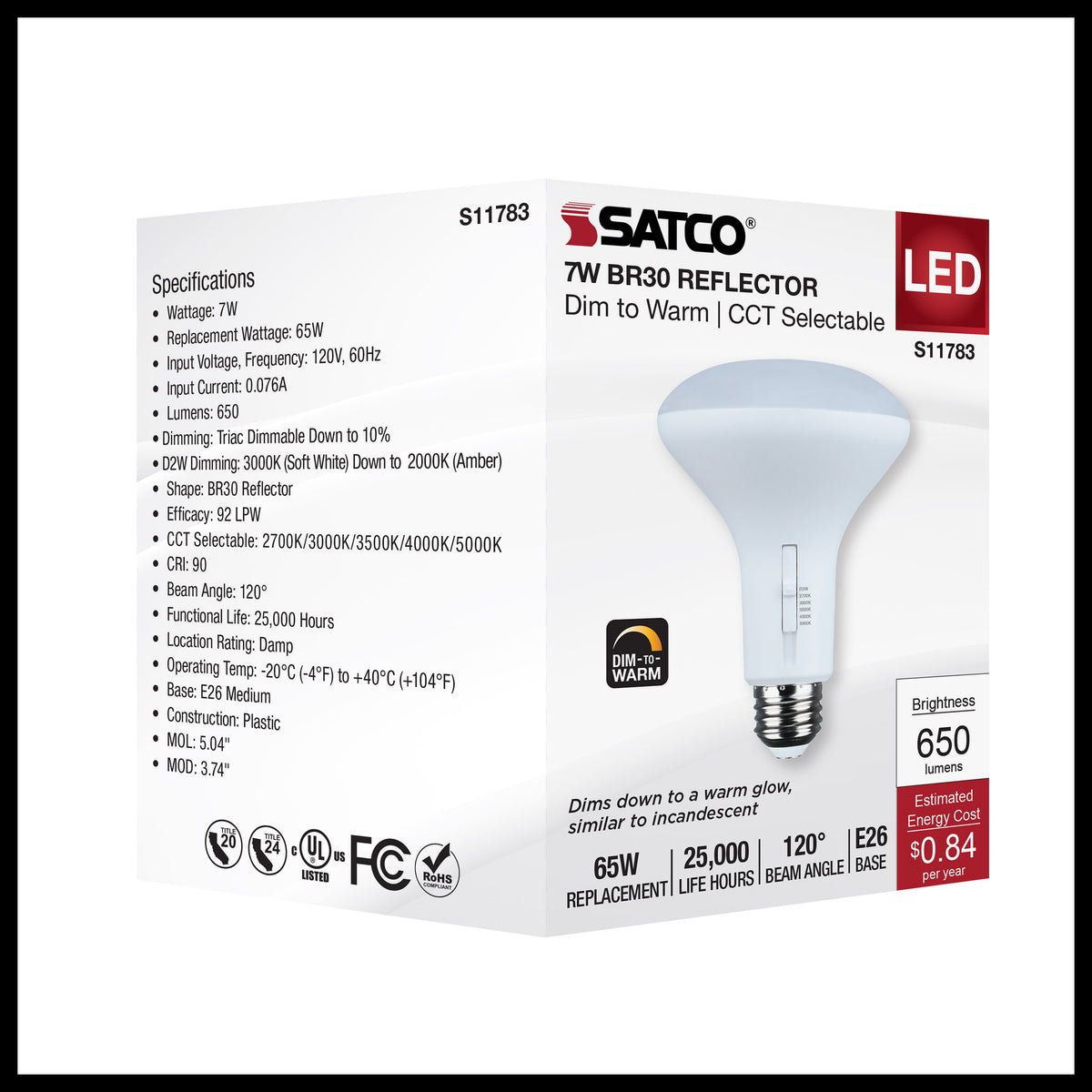 7 Watt BR30 LED - 27K/30K/35K/40K/50K CCT Selectable - Dim to Warm - White Finish - 120 Volt