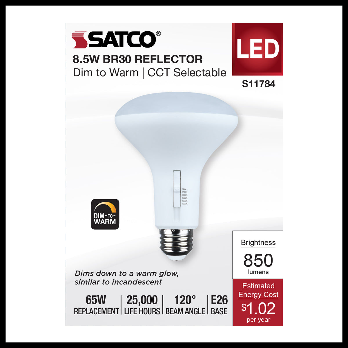 8.5 Watt BR30 LED - 27K/30K/35K/40K/50K CCT Selectable - Dim to Warm - White Finish - 120 Volt