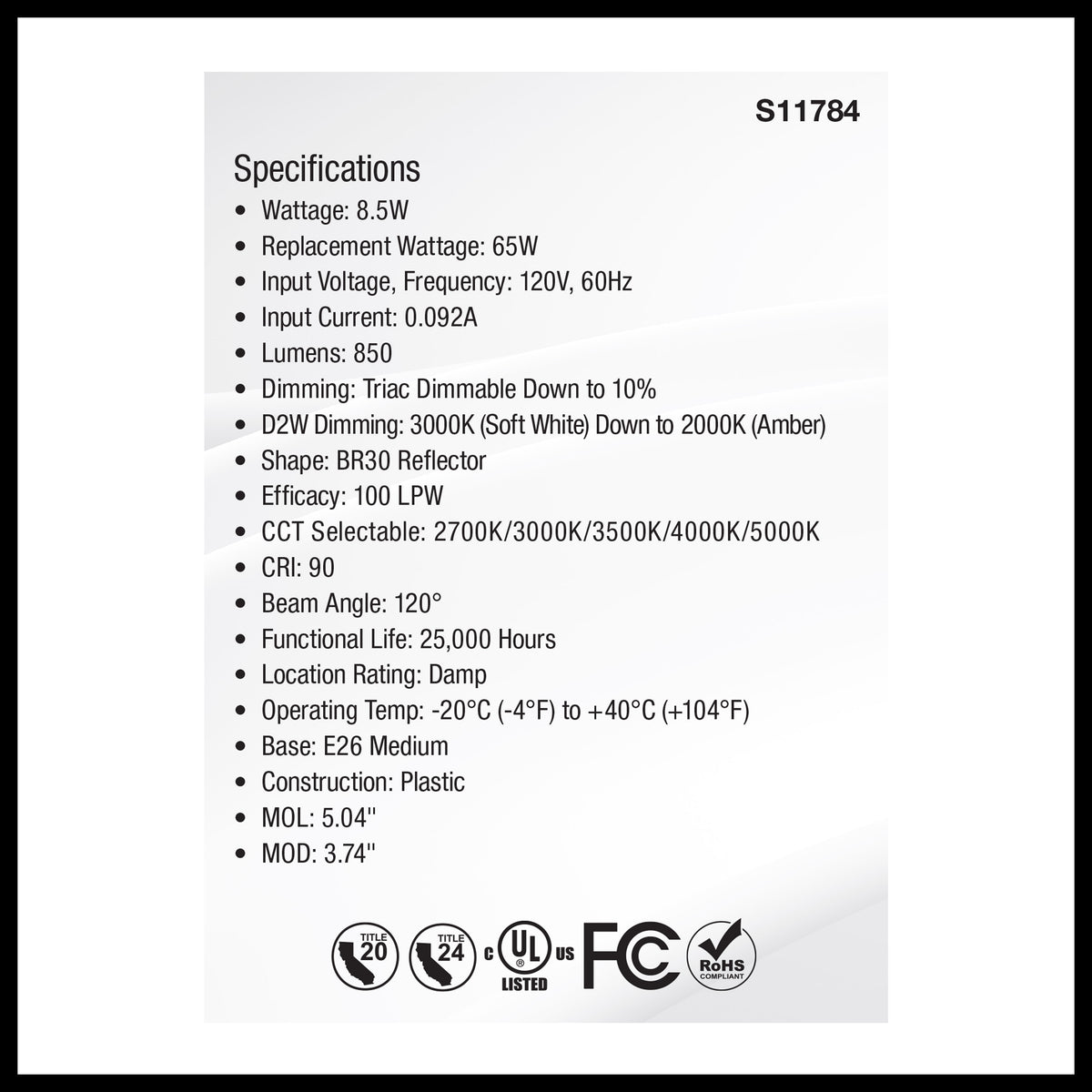 8.5 Watt BR30 LED - 27K/30K/35K/40K/50K CCT Selectable - Dim to Warm - White Finish - 120 Volt