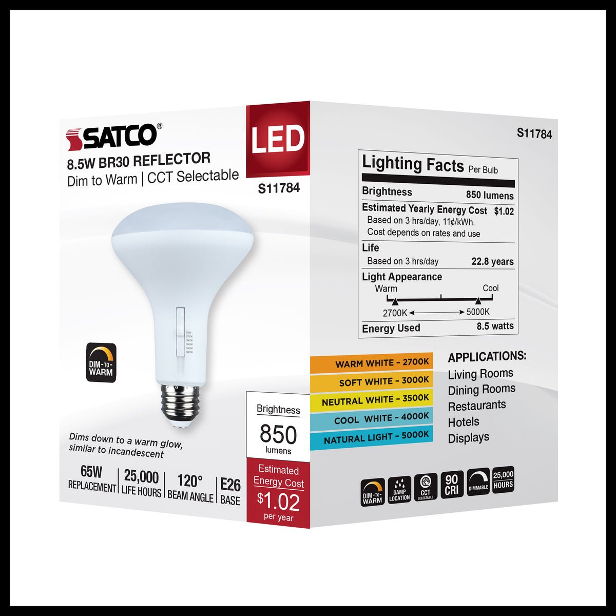 8.5 Watt BR30 LED - 27K/30K/35K/40K/50K CCT Selectable - Dim to Warm - White Finish - 120 Volt