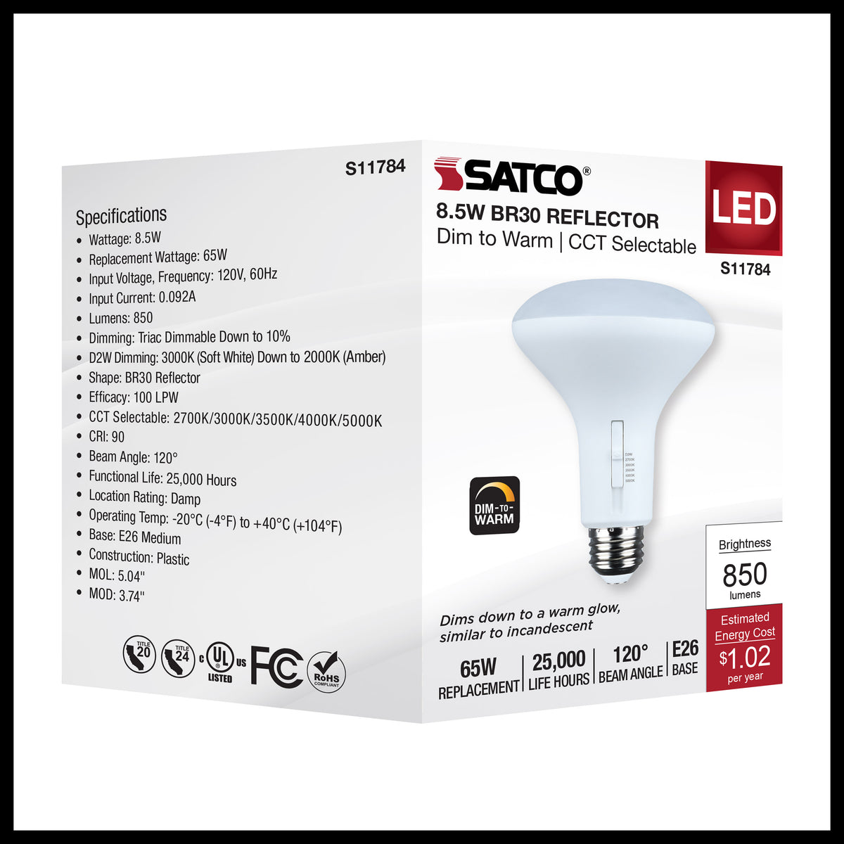 8.5 Watt BR30 LED - 27K/30K/35K/40K/50K CCT Selectable - Dim to Warm - White Finish - 120 Volt