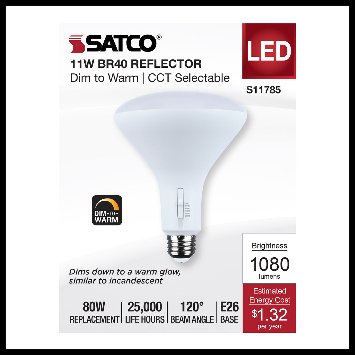 11 Watt BR40 LED - 27K/30K/35K/40K/50K CCT Selectable - Dim to Warm - White Finish - 120 Volt