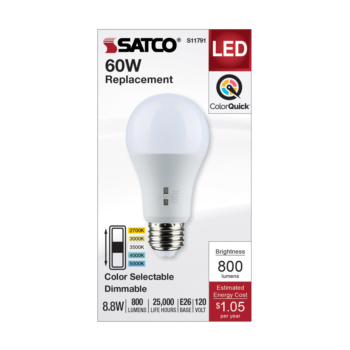 8.8 Watt A19 LED - Medium Base - CCT Selectable - 120 Volt - Frost Finish