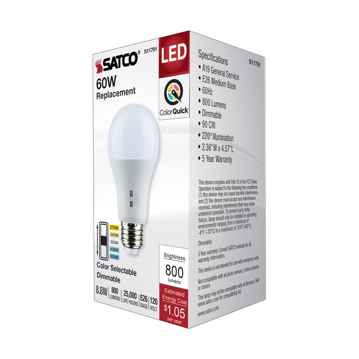 8.8 Watt A19 LED - Medium Base - CCT Selectable - 120 Volt - Frost Finish