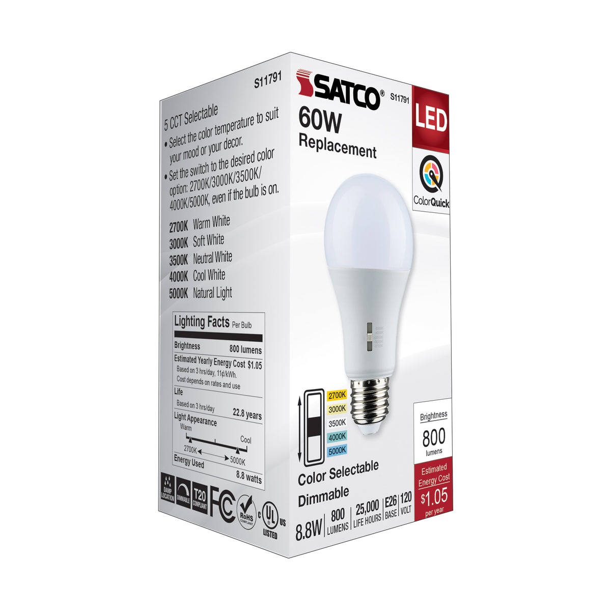 8.8 Watt A19 LED - Medium Base - CCT Selectable - 120 Volt - Frost Finish