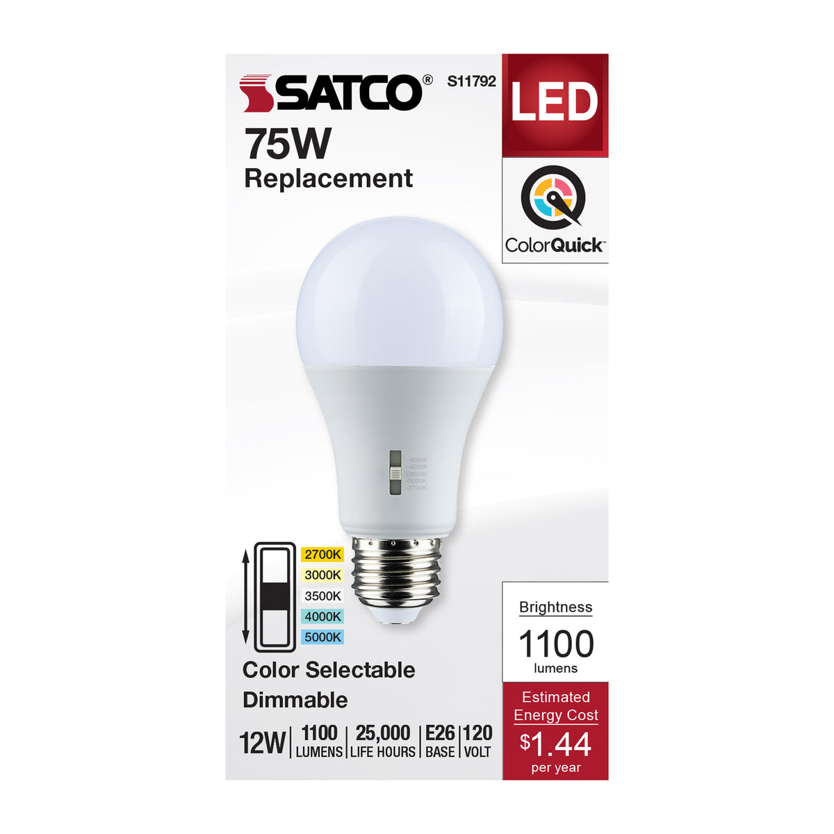 12 Watt A19 LED - Medium Base - CCT Selectable - 120 Volt - Frost Finish