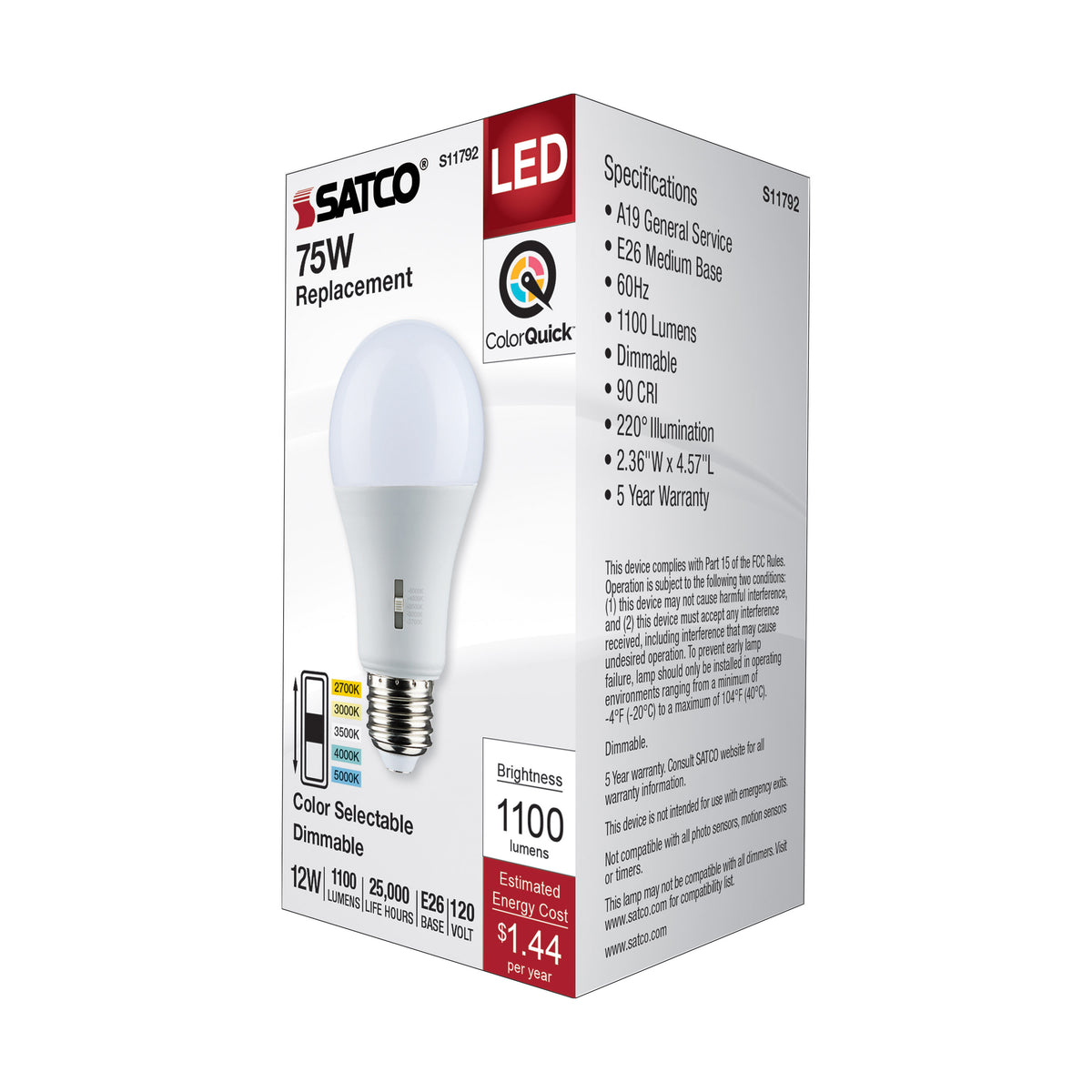 12 Watt A19 LED - Medium Base - CCT Selectable - 120 Volt - Frost Finish