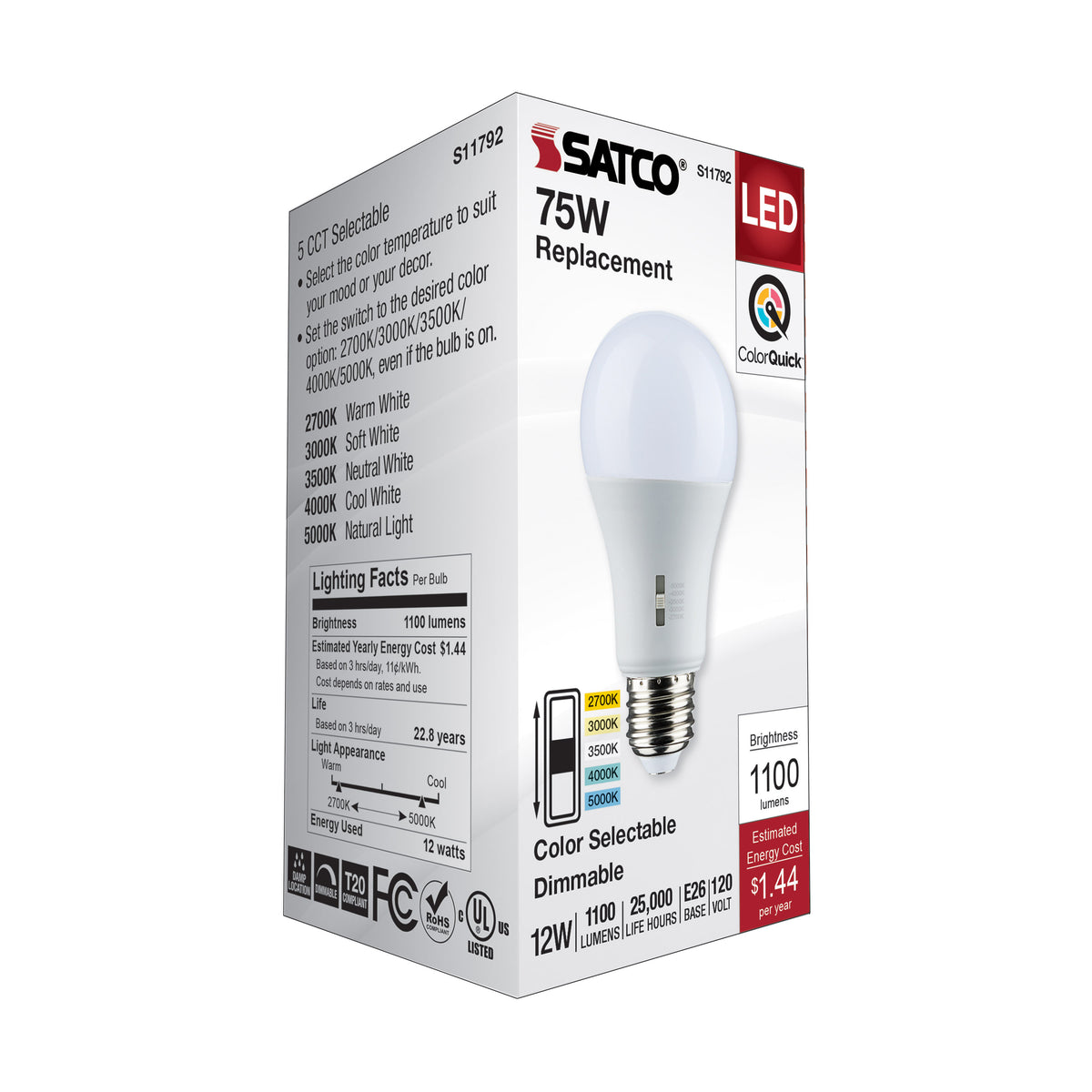 12 Watt A19 LED - Medium Base - CCT Selectable - 120 Volt - Frost Finish