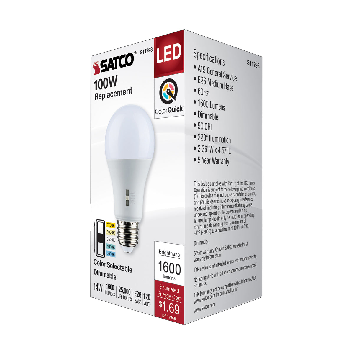 14 Watt A19 LED - Medium Base - CCT Selectable - 120 Volt - Frost Finish
