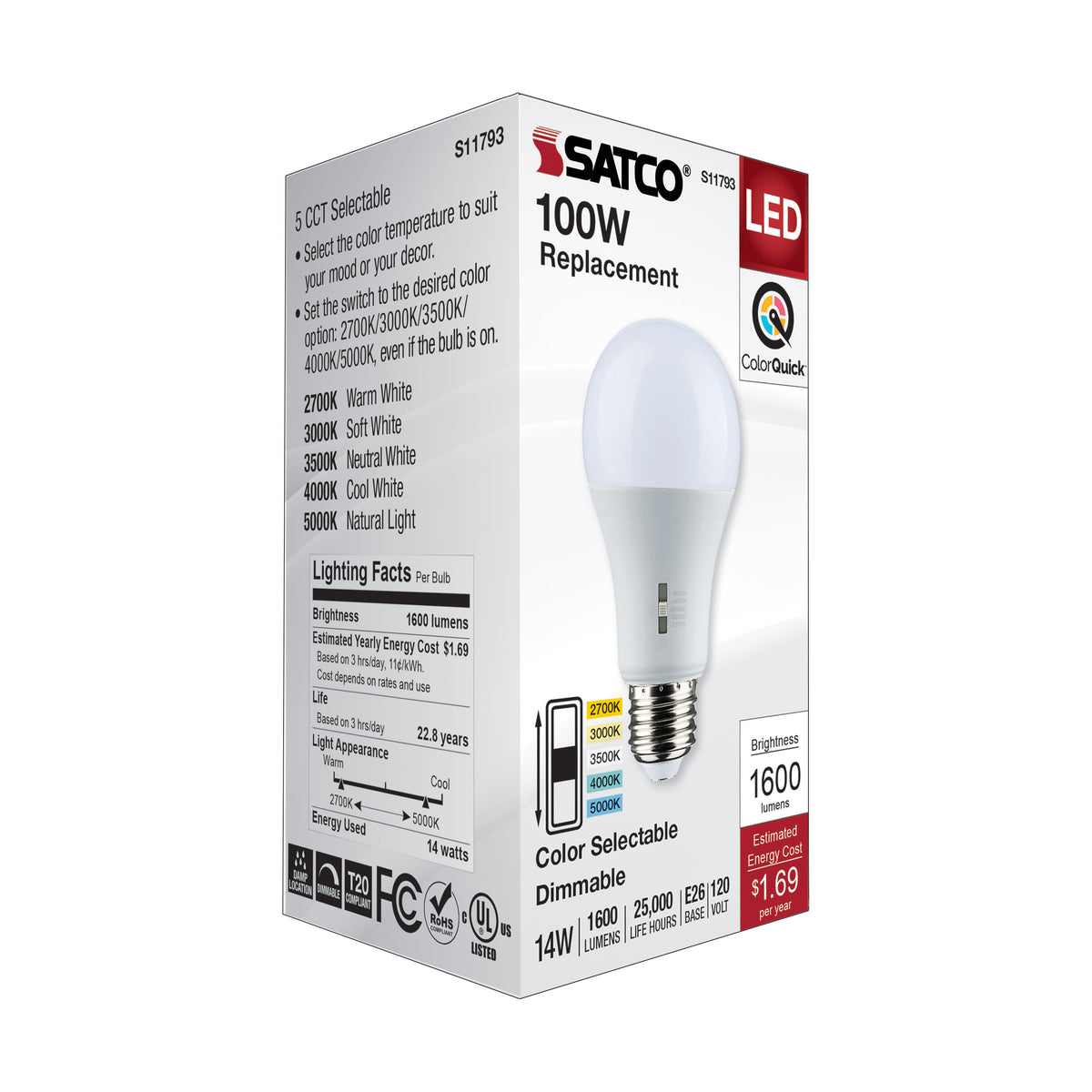 14 Watt A19 LED - Medium Base - CCT Selectable - 120 Volt - Frost Finish