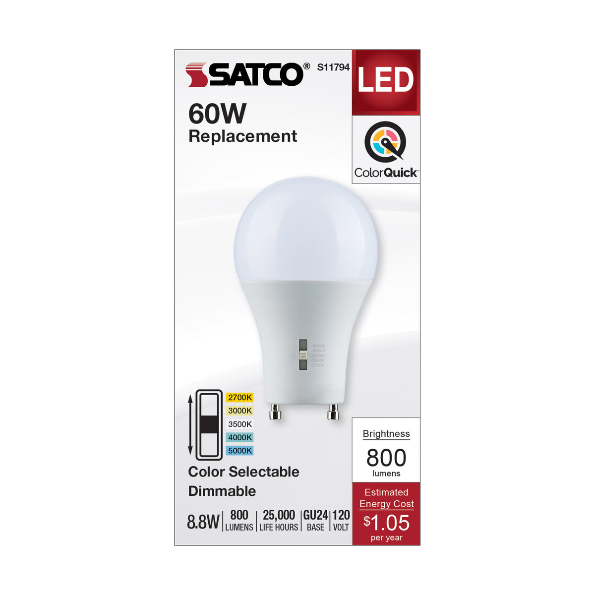 8.8 Watt A19 LED - Bi Pin GU24 Base - CCT Selectable - 120 Volt - Frost Finish