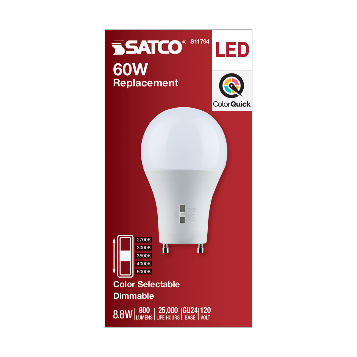 8.8 Watt A19 LED - Bi Pin GU24 Base - CCT Selectable - 120 Volt - Frost Finish