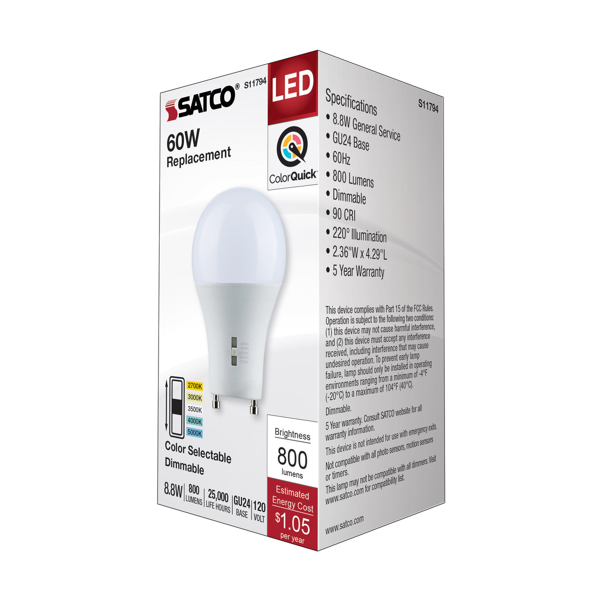 8.8 Watt A19 LED - Bi Pin GU24 Base - CCT Selectable - 120 Volt - Frost Finish