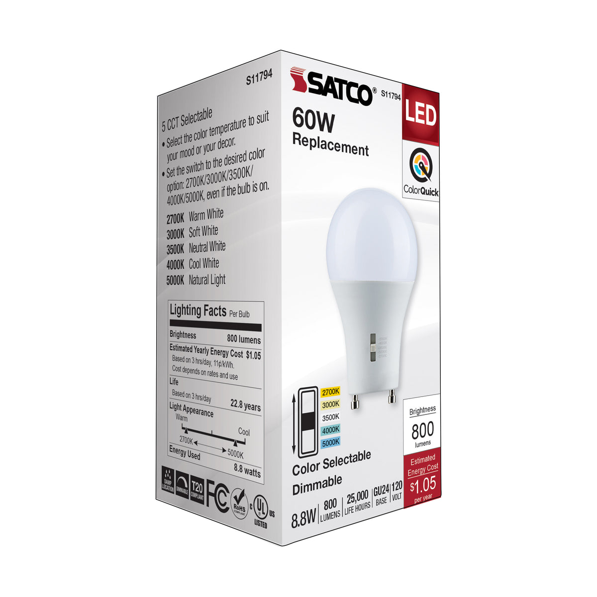 8.8 Watt A19 LED - Bi Pin GU24 Base - CCT Selectable - 120 Volt - Frost Finish