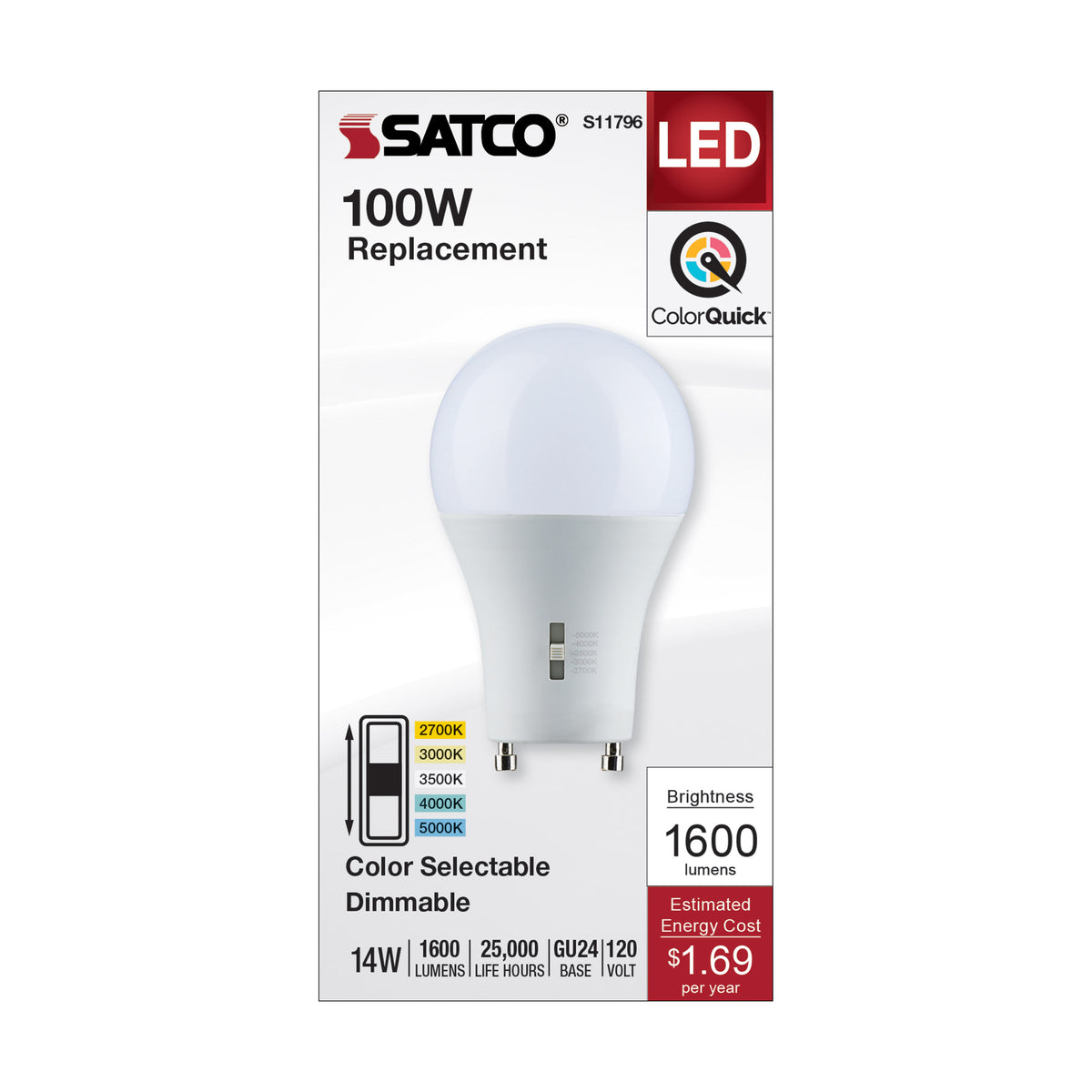 14 Watt A19 LED - Bi Pin GU24 Base - CCT Selectable - 120 Volt - Frost Finish