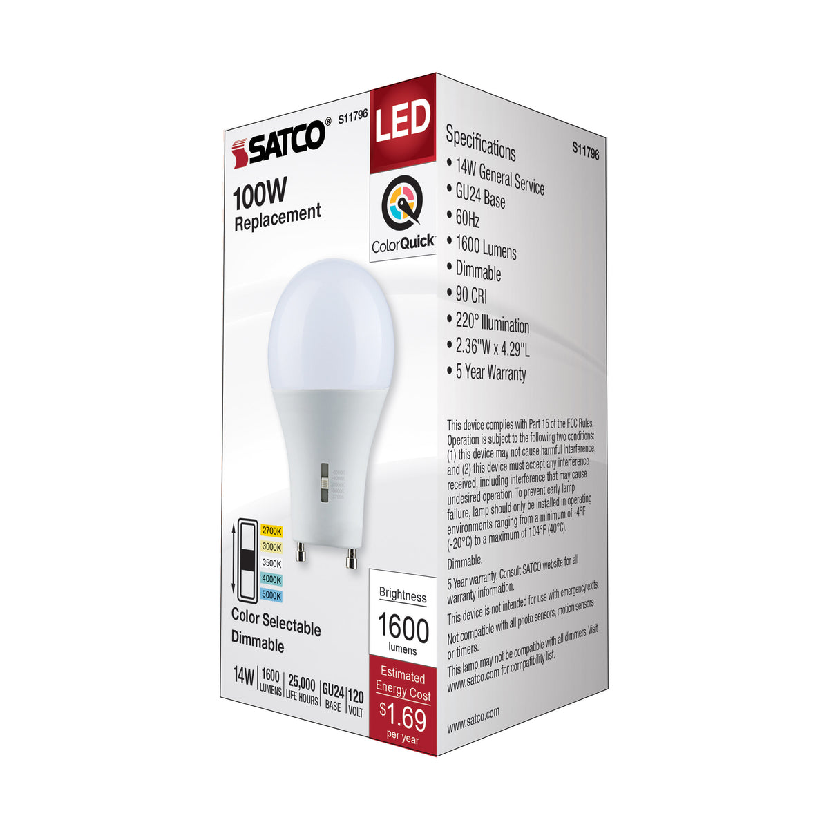 14 Watt A19 LED - Bi Pin GU24 Base - CCT Selectable - 120 Volt - Frost Finish