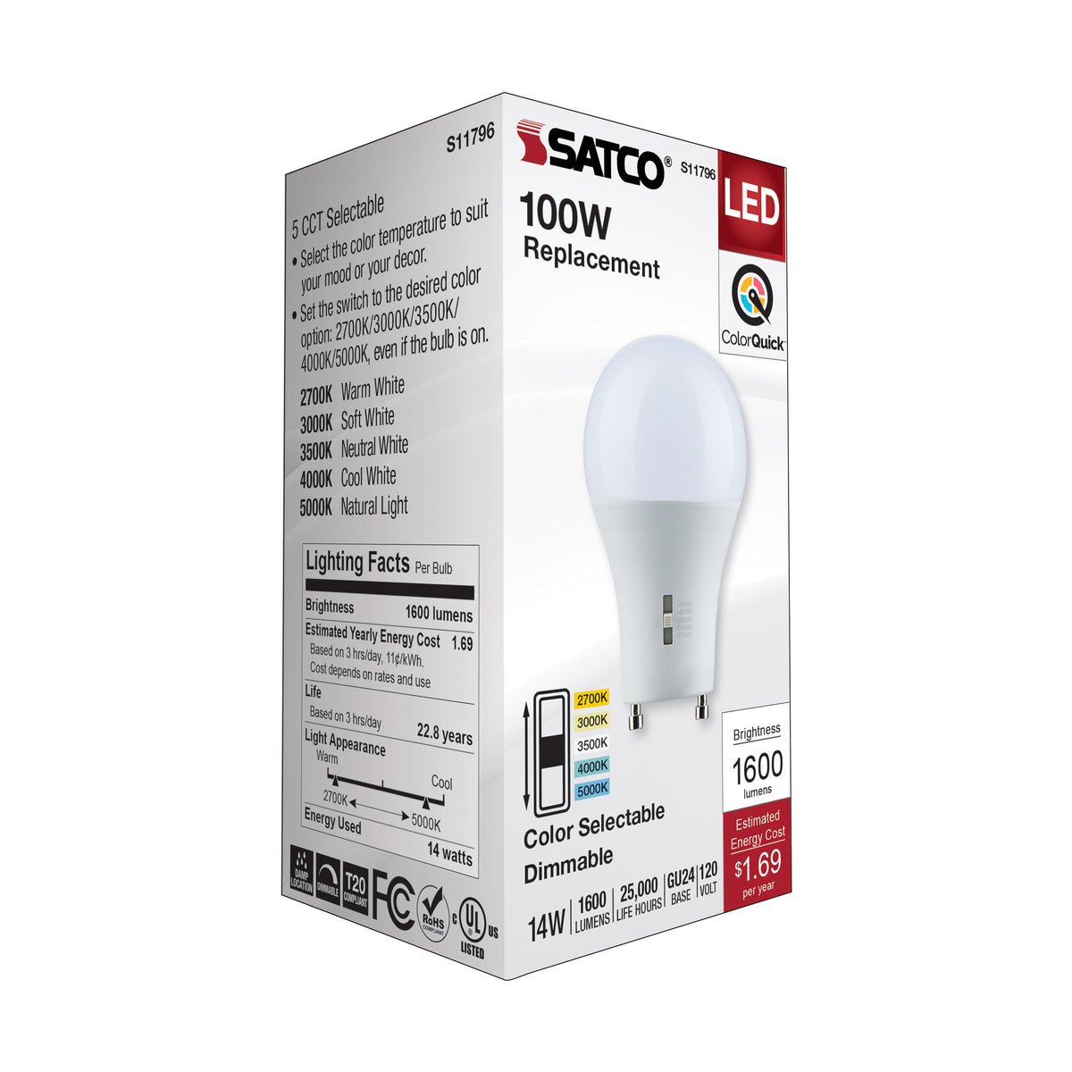 14 Watt A19 LED - Bi Pin GU24 Base - CCT Selectable - 120 Volt - Frost Finish