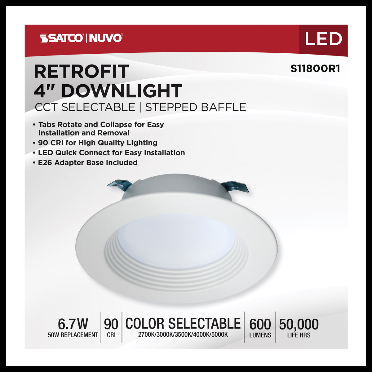 6.7 Watt LED Downlight Retrofit - 4 Inches - CCT Selectable - Round - White Finish - 120 Volt