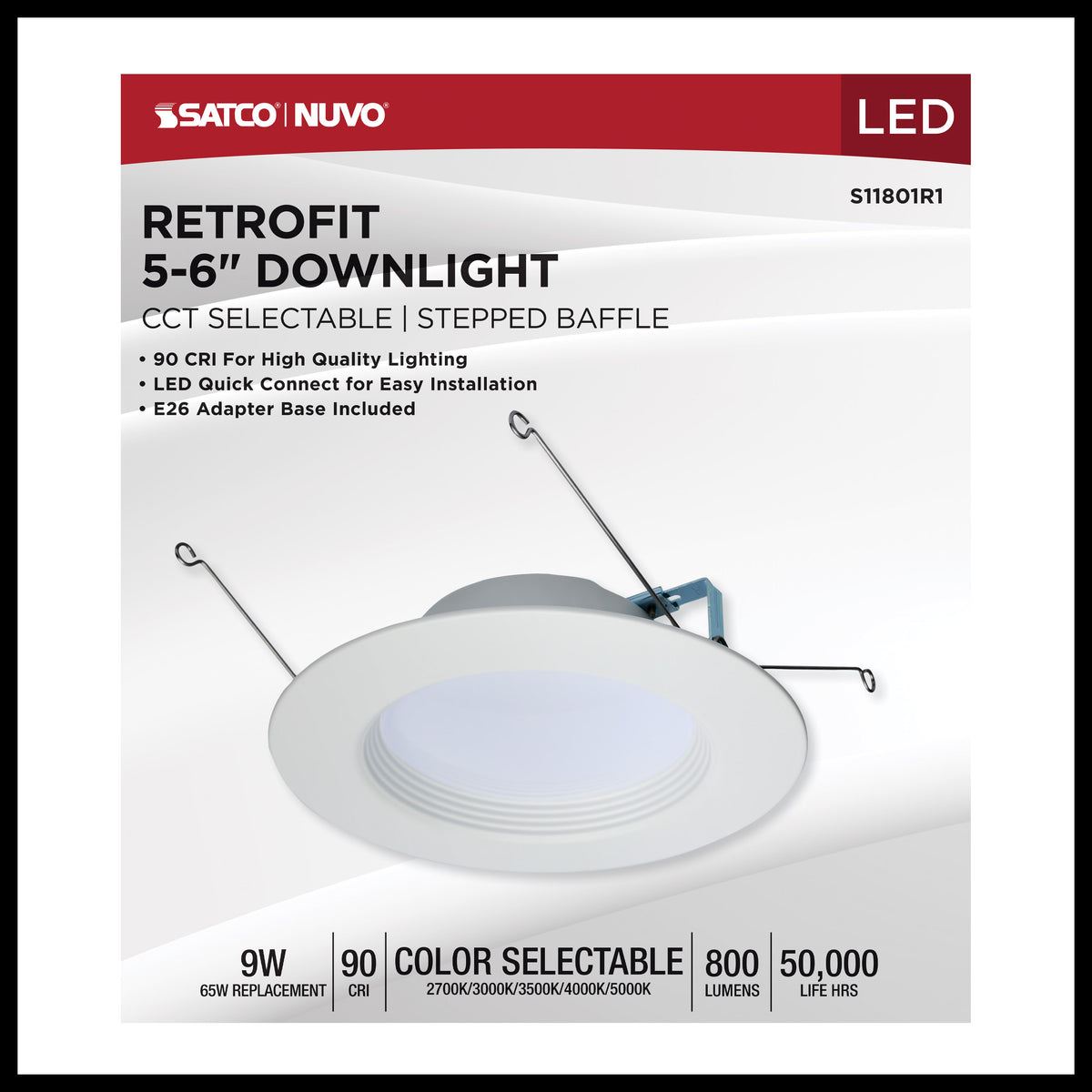 9 Watt LED Downlight Retrofit - 5-6 Inches - CCT Selectable - Round - White Finish - 120 Volt