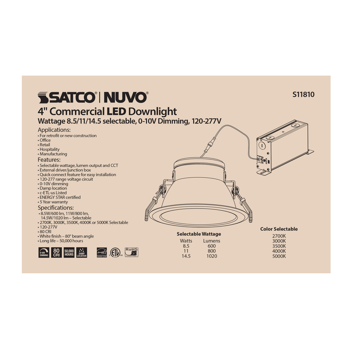 14.5 Watt Commercial LED Downlight - 4 in. - Color Adjustable - Lumen Adjustable - 120-277 volt