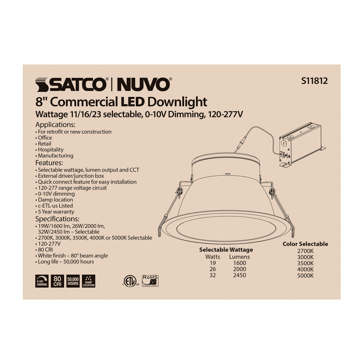 32 Watt Commercial LED Downlight - 8 in. - Color Adjustable - Lumen Adjustable - 120-277 volt