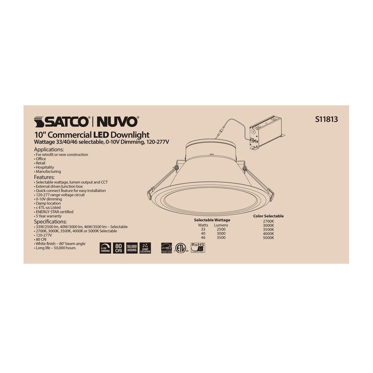 46 Watt Commercial LED Downlight - 10 in. - Color Adjustable - Lumen Adjustable - 120-277 volt