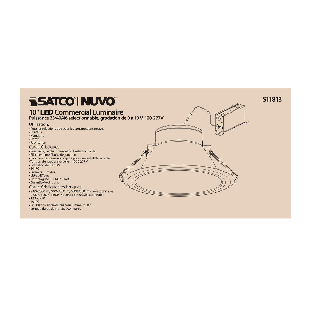 46 Watt Commercial LED Downlight - 10 in. - Color Adjustable - Lumen Adjustable - 120-277 volt