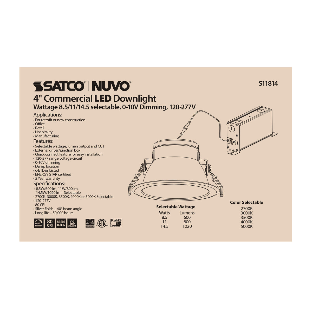 14.5 Watt Commercial LED Downlight - 4 in. - Color Adjustable - Lumen Adjustable - 120-277 volt