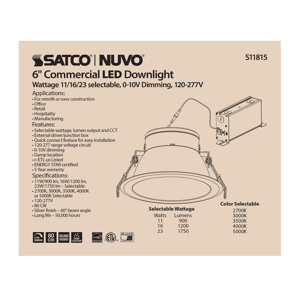 23 Watt Commercial LED Downlight - 6 in. - Color Adjustable - Lumen Adjustable - 120-277 volt