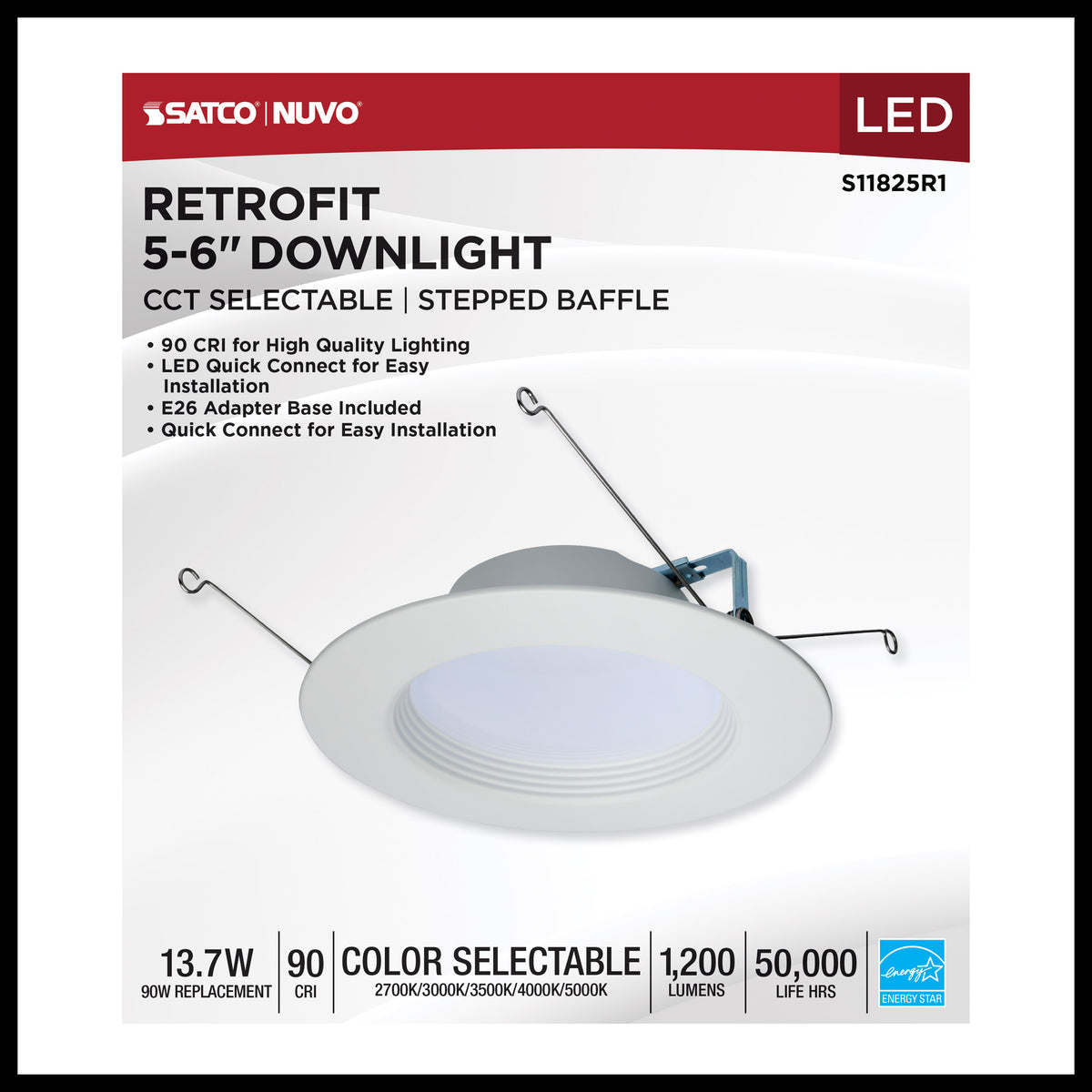 13.7 Watt LED Downlight Retrofit - 5-6 Inches - CCT Selectable - Round - White Finish - 120 Volt
