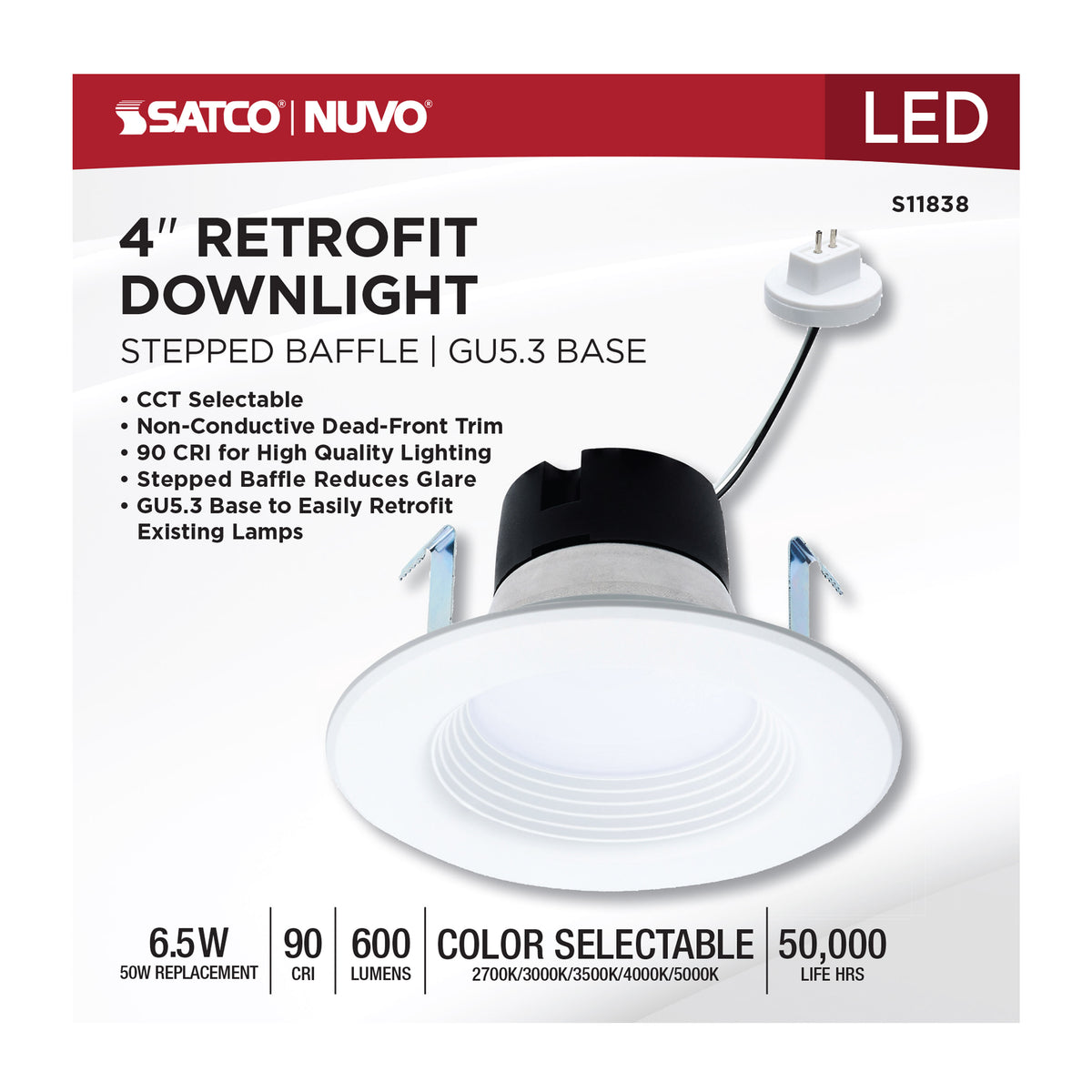 6.5 Watt LED Downlight Retrofit - 4 Inch Baffle - CCT Selectable - 12 Volts - Matte White Finish