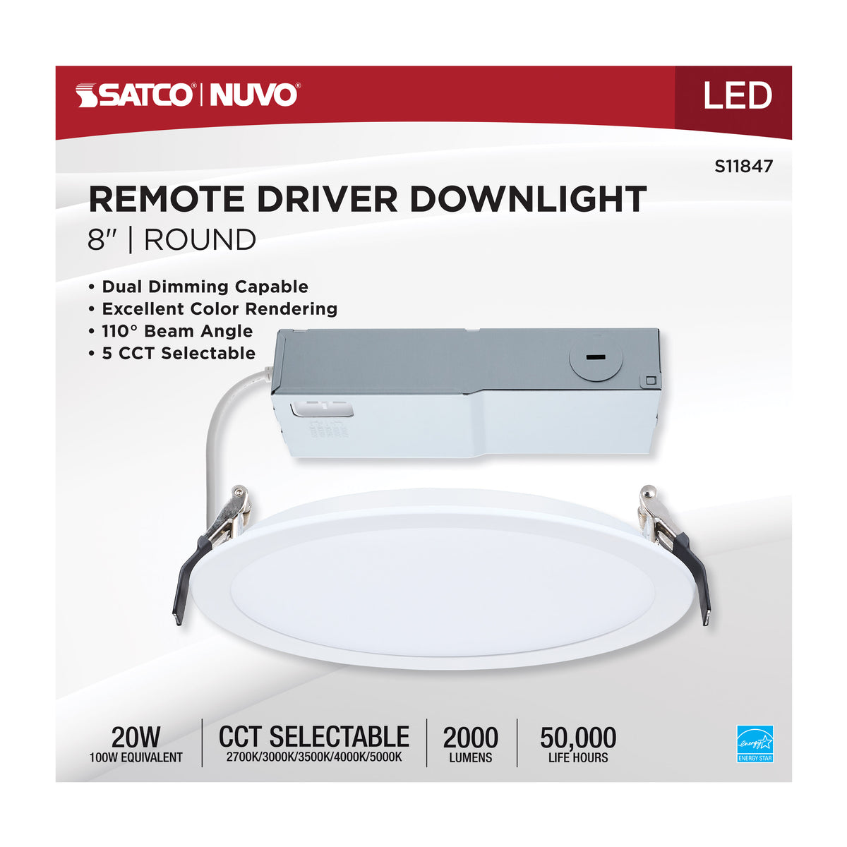 20 Watt - 8 Inch LED Direct Wire Downlight - Remote Driver - CCT Selectable - Dual Dimming - Flat Face - Round - White Finish
