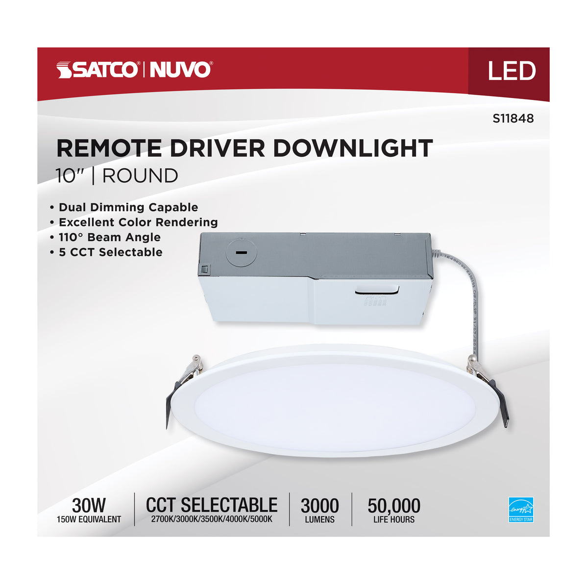 30 Watt - 10 Inch LED Direct Wire Downlight - Remote Driver - CCT Selectable - Dual Dimming - Flat Face - Round - White Finish