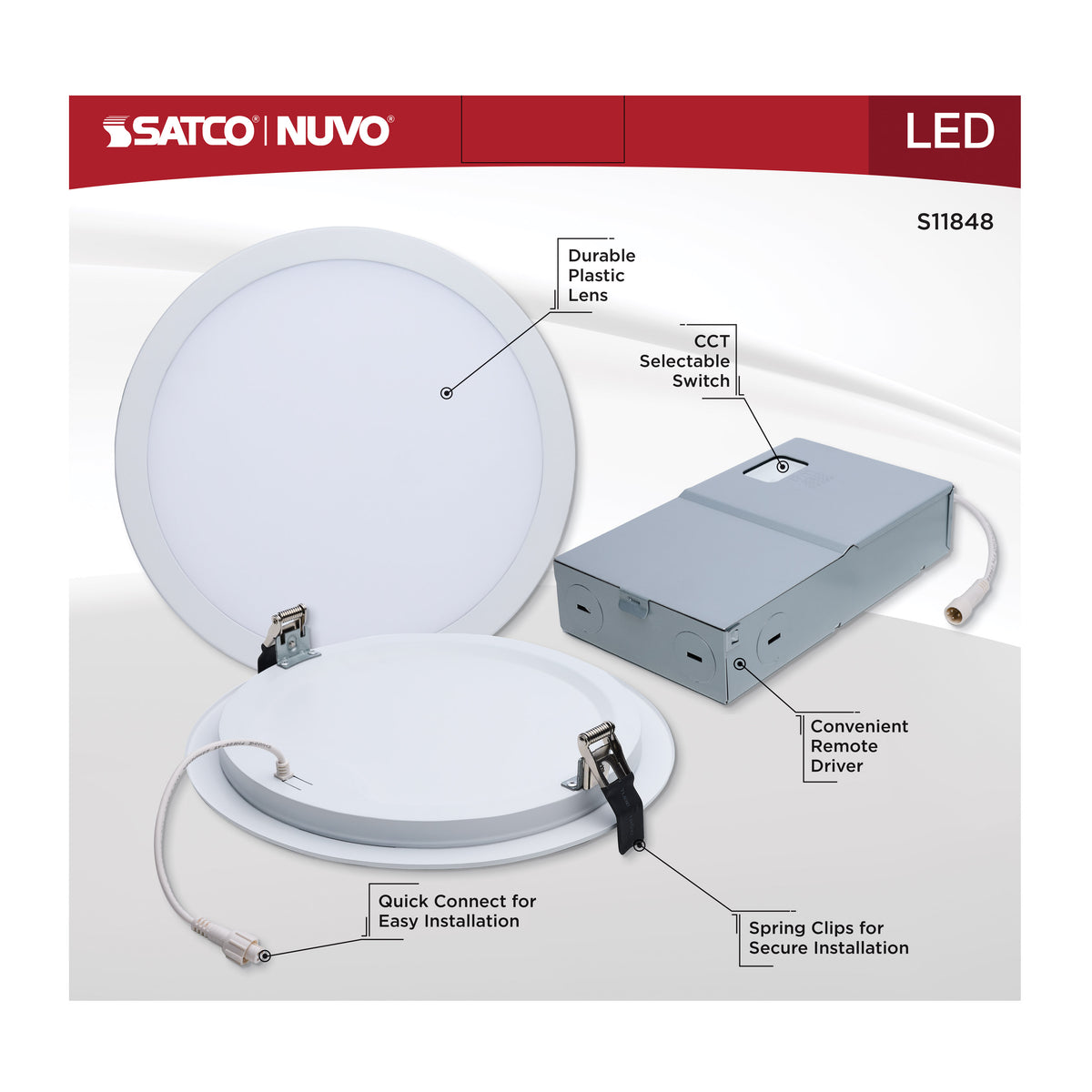 30 Watt - 10 Inch LED Direct Wire Downlight - Remote Driver - CCT Selectable - Dual Dimming - Flat Face - Round - White Finish