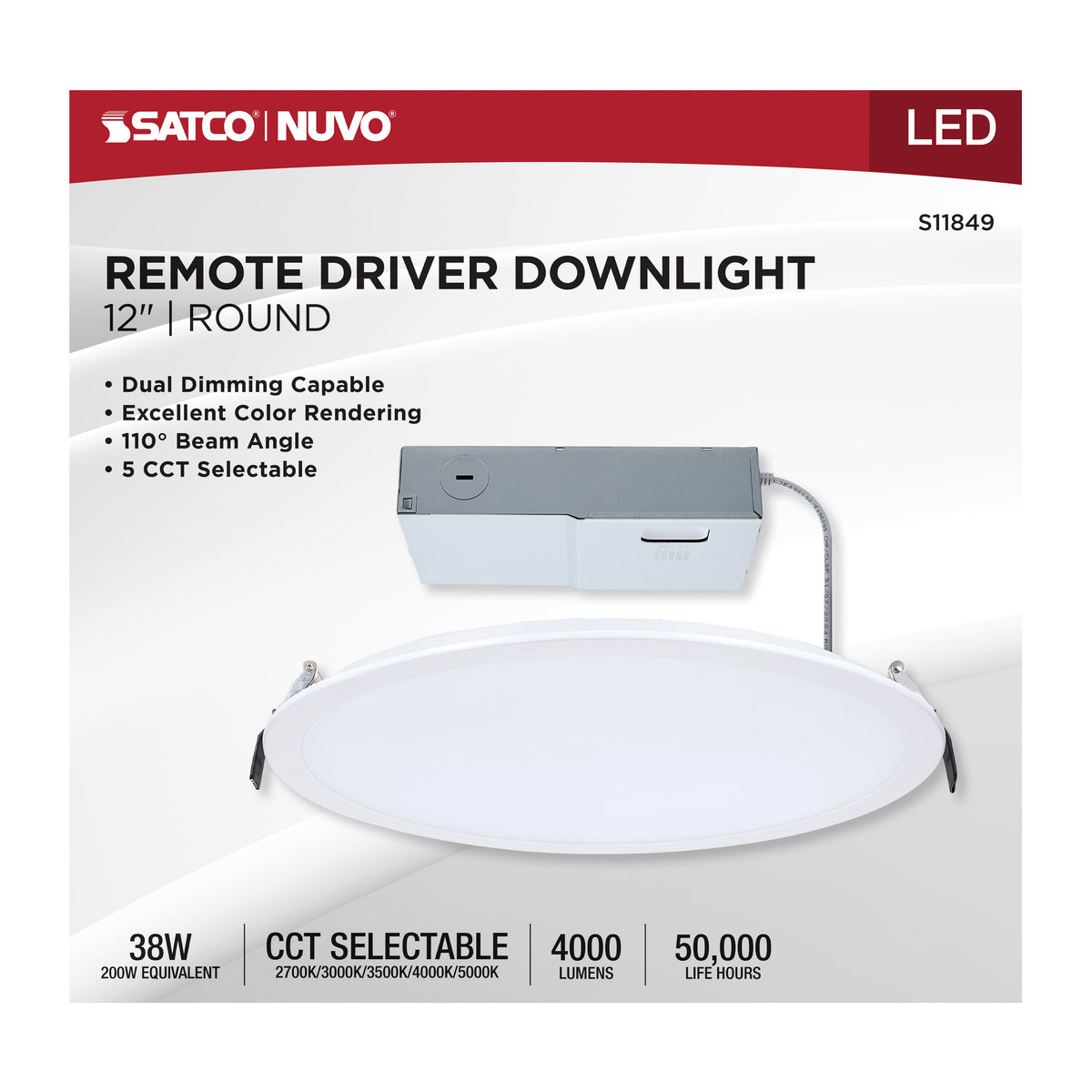 38 Watt - 12 Inch LED Direct Wire Downlight - Remote Driver - CCT Selectable - Dual Dimming - Flat Face - Round - White Finish