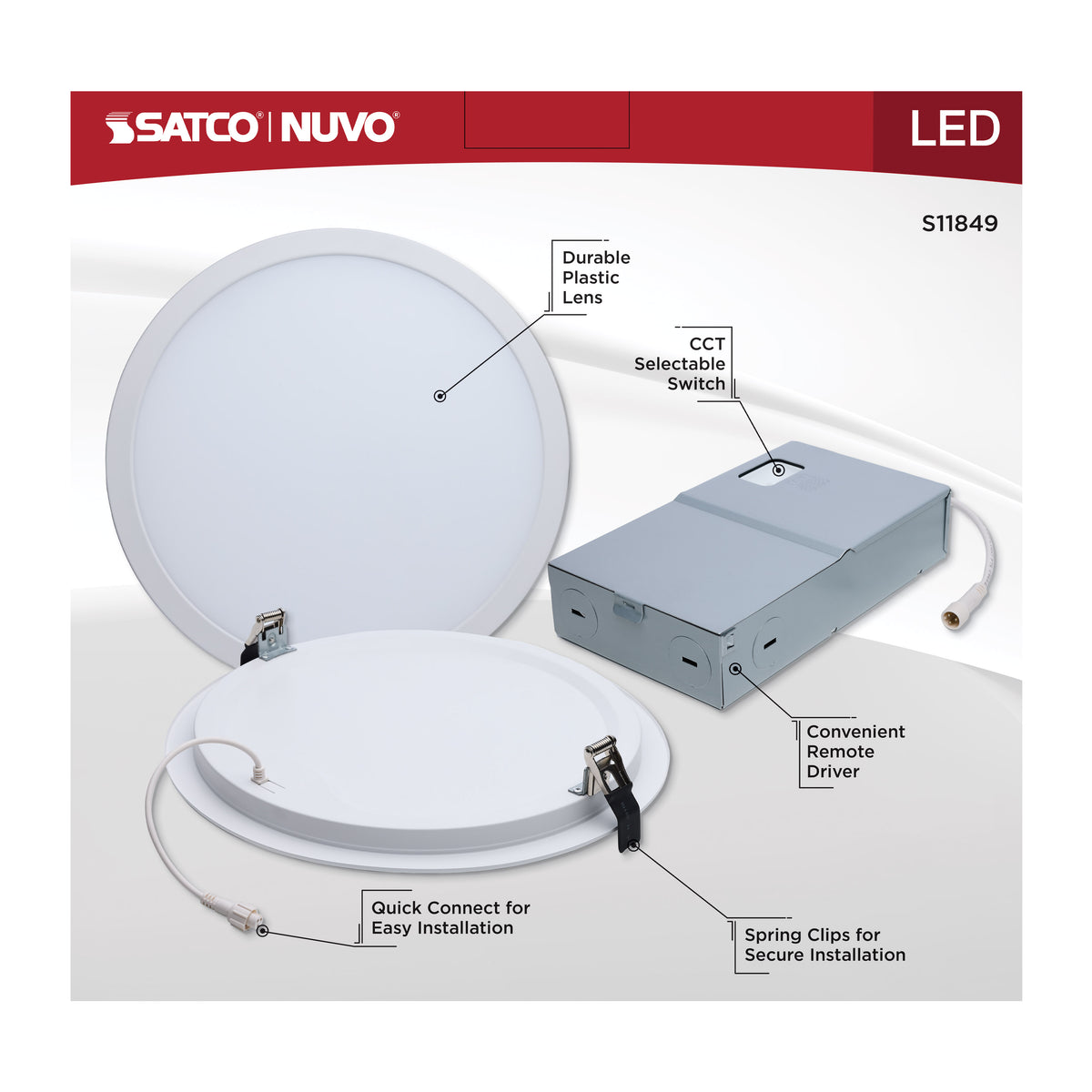 38 Watt - 12 Inch LED Direct Wire Downlight - Remote Driver - CCT Selectable - Dual Dimming - Flat Face - Round - White Finish