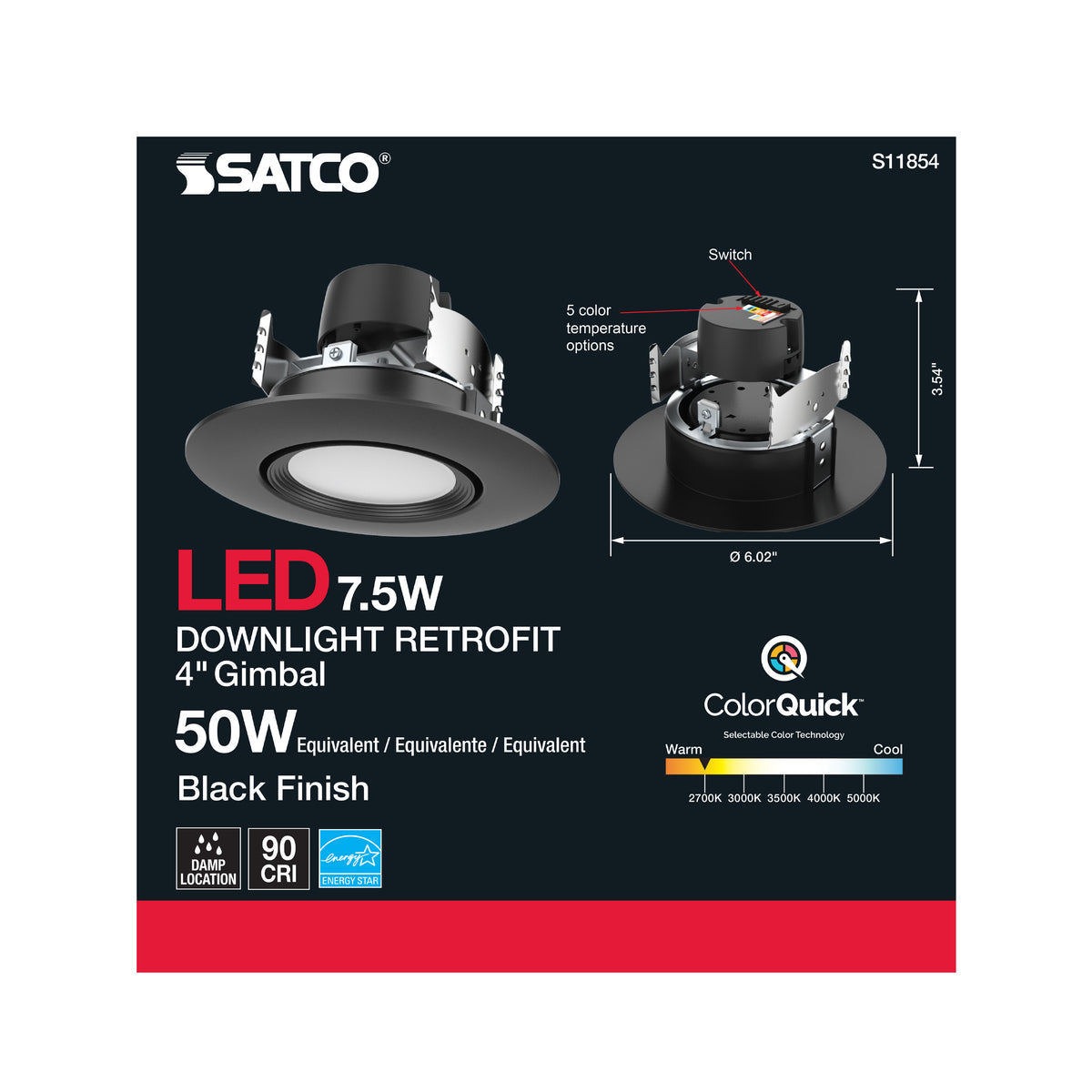 7.5 Watt - LED Retrofit Downlight - GimbaLED - 120 Volt - CCT Selectable - Black Finish