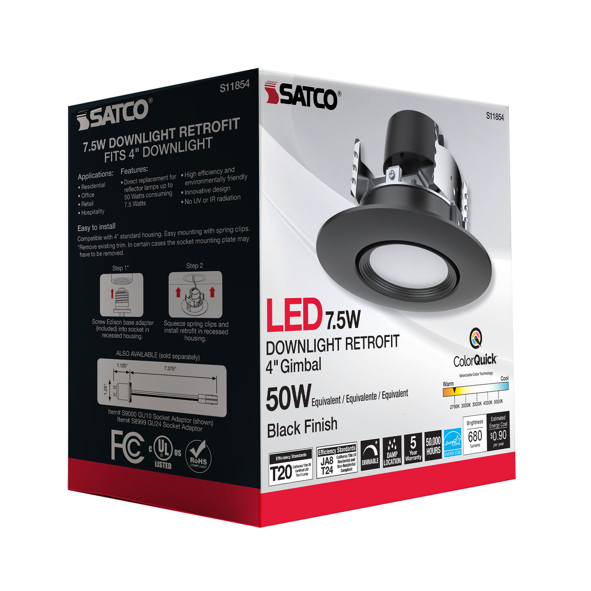 7.5 Watt - LED Retrofit Downlight - GimbaLED - 120 Volt - CCT Selectable - Black Finish