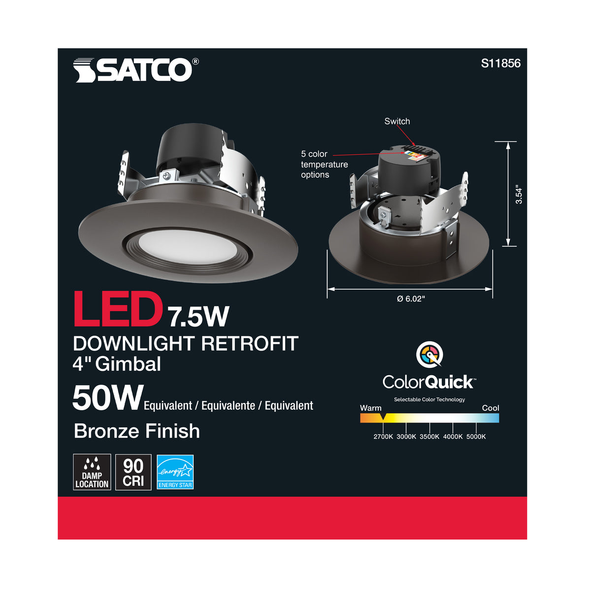 7.5 Watt - LED Retrofit Downlight - GimbaLED - 120 Volt - CCT Selectable - Bronze Finish