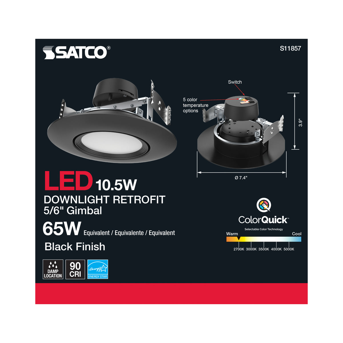 10.5 Watt - LED Retrofit Downlight - GimbaLED - 120 Volt - CCT Selectable - Black Finish