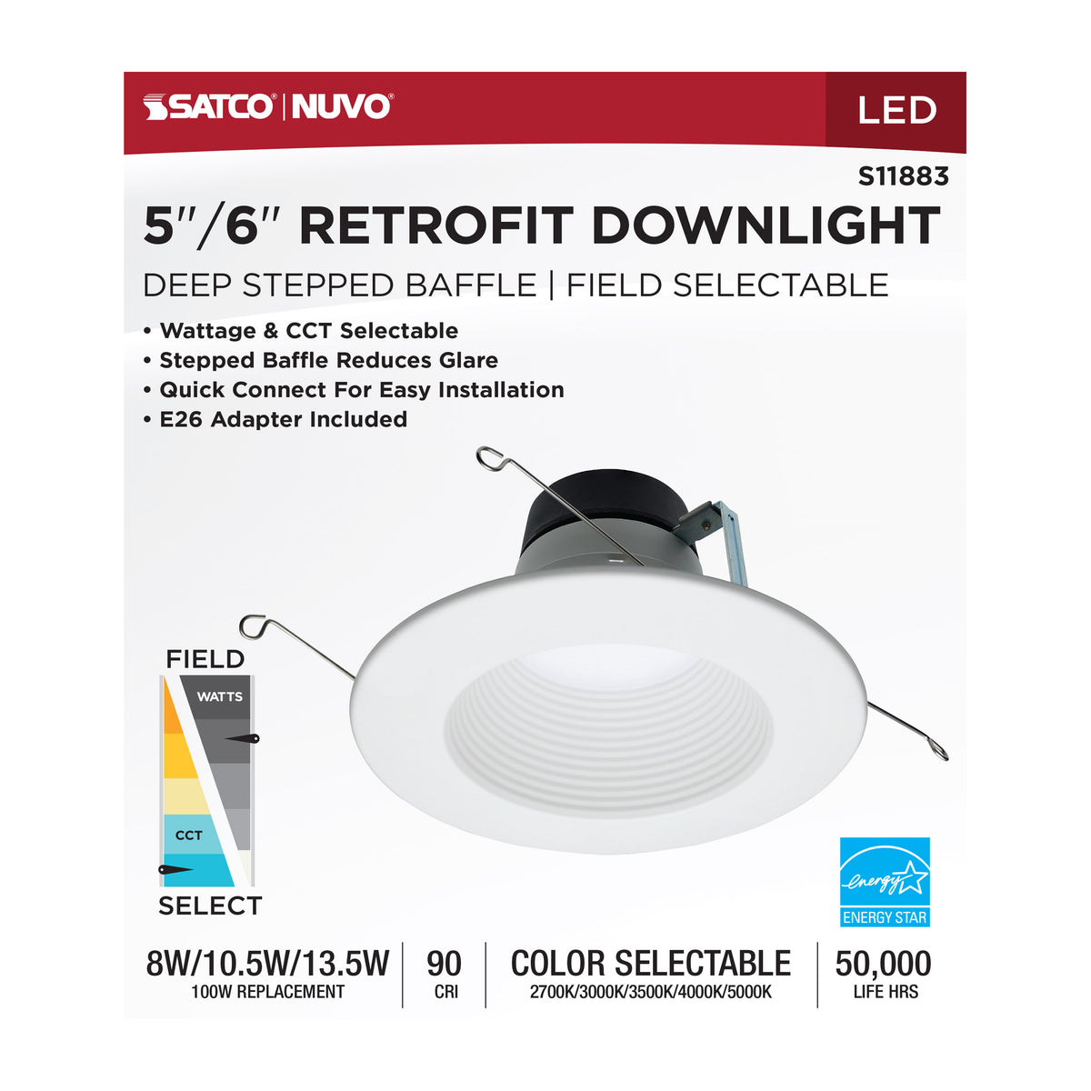 Field Selectable LED Downlight Retrofit - Deep Baffle - 8/10.5/13.5 Watts - 27K/30K/35K/40K/50K CCT - 5-6 Inch - Round Shape - White Finish - 120 Volts