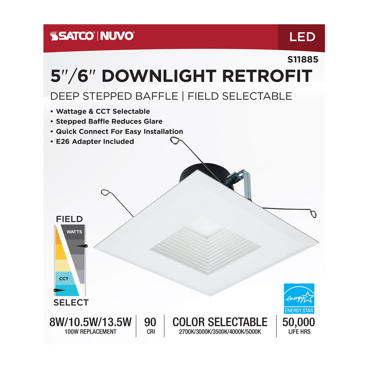 Field Selectable LED Downlight Retrofit - Deep Baffle - 8/10.5/13.5 Watts - 27K/30K/35K/40K/50K CCT - 5-6 Inch - Square Shape - White Finish - 120 Volts